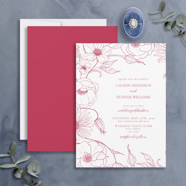 Invitation Moderne Vivid Ligne Magenta Art Floral Mariage Inv (Créateur téléchargé)