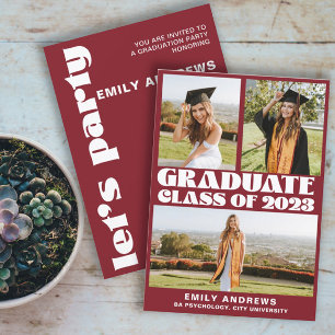 Invitation Moderne White & Red 3 Photo Grad Party