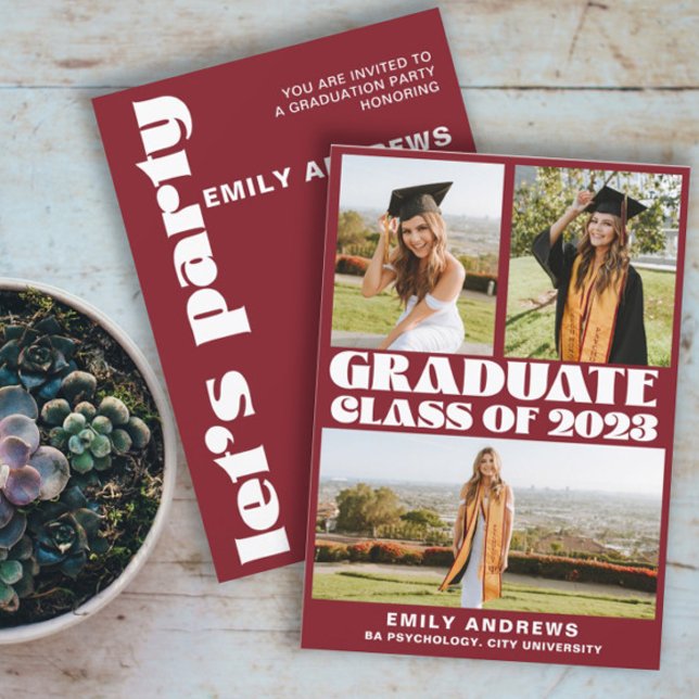 Invitation Moderne White & Red 3 Photo Grad Party (Créateur téléchargé)