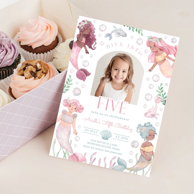 Invitation modifiable de plongée avec cinq sirènes (Watercolor Mermaid 5th Birthday Invitation With Picture)