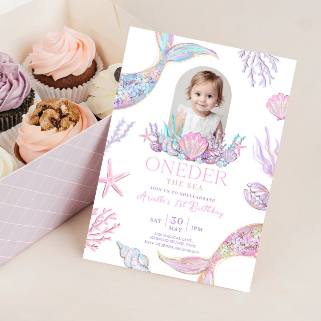 Invitation modifiable de sirène sous la mer (Mermaid Tail 1st Birthday Invitation With Picture)