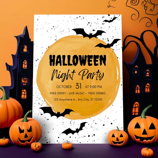 Invitation modifiable pour une fête d'Halloween av (black halloween bats night party invate orange creepy scary pumpkins)