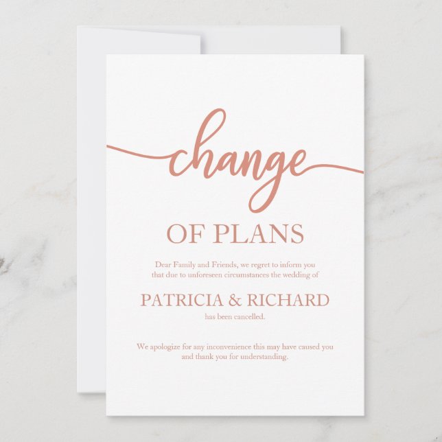 Invitation Modification Des Plans Reporté Mariage Rose Or (Devant)