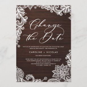 Invitation Modifier la date Dentelle Rustique Bois Postponeme