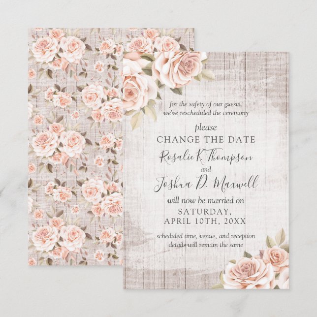 Invitation Modifier La Date Du Reprogrammé Mariage Rustic Ros (Devant / Derrière)