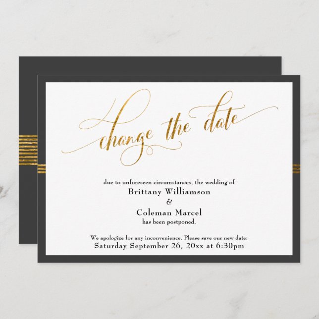 Invitation Modifier la date Elegant Dark Grey Gold Stripe Car (Devant / Derrière)