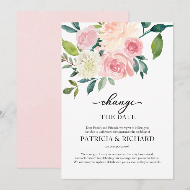 Invitation Modifier Le Report Du Mariage Floral Blush Date (Devant / Derrière)