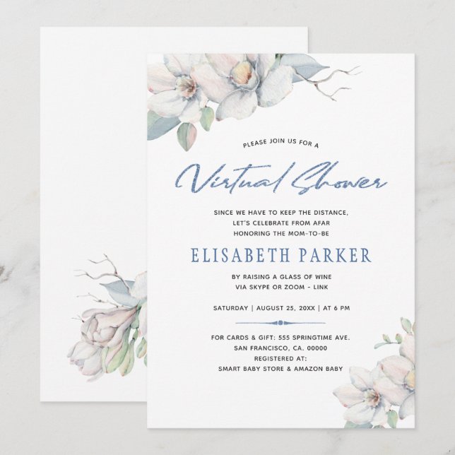 Invitation Modifier les plans baby shower virtuel floral bleu (Devant / Derrière)
