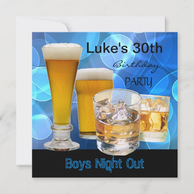 Invitation Mois 30e anniversaire Bleu Boissons Beer Boys Nuit (Devant)