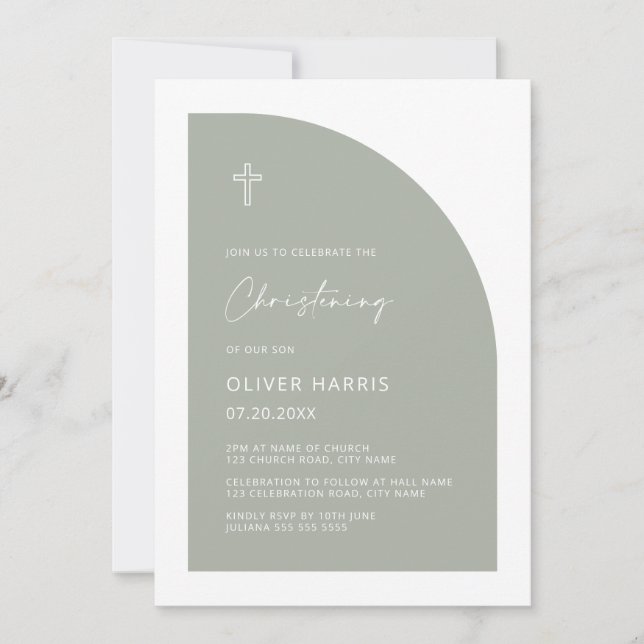Invitation Moitié Arc moderne Sage Green Garçon Christening (Devant)