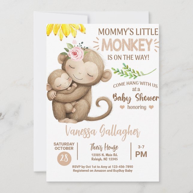 Invitation Mom and baby monkey baby shower invitation. (Devant)