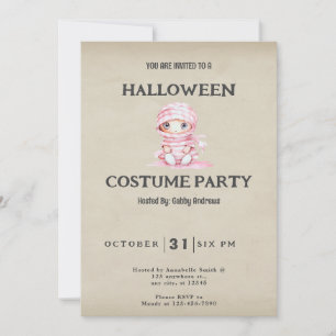 Invitation Momie rayée rose et blanche Halloween vintage