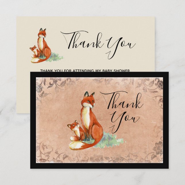 Invitation Momma Fox et bébé aquarelle Illustration Merci (Devant / Derrière)