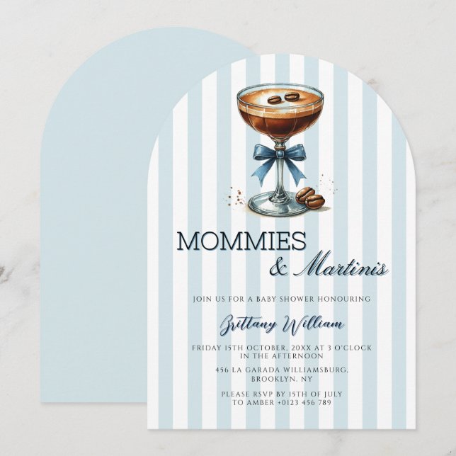 Invitation Mommies and Martinis Blue Bow Arch Baby shower (Devant / Derrière)
