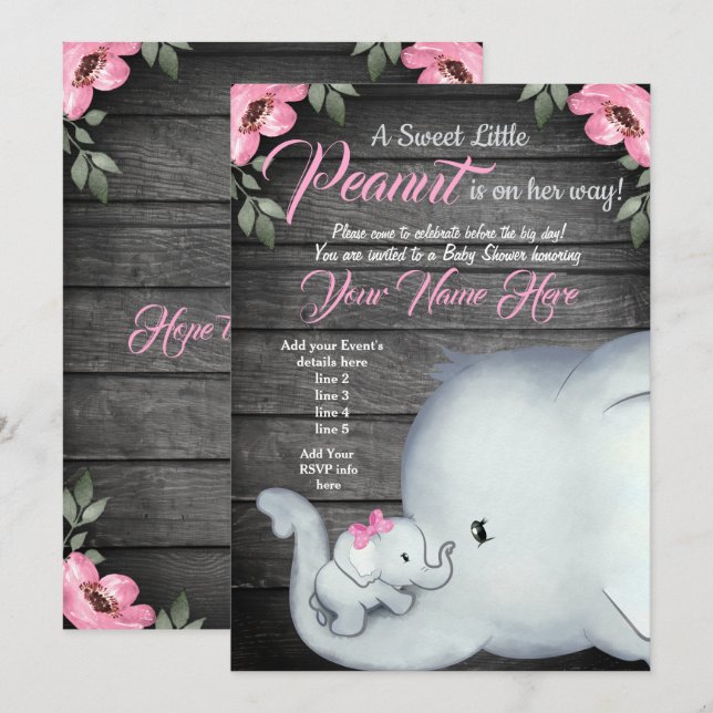 Invitation Mommy Baby Elephant Baby shower Invitation, rustiq (Devant / Derrière)