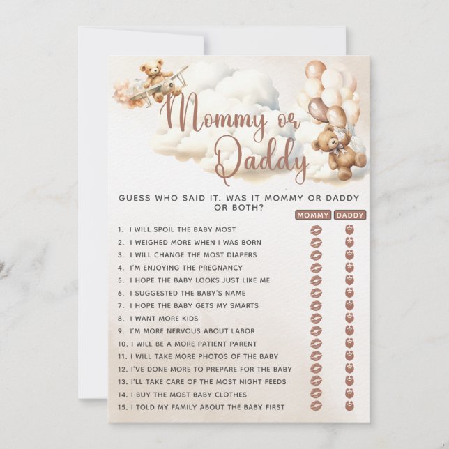 Invitation MOMMY OU DADDY Baby shower Jeu Ours Ballons (Devant)