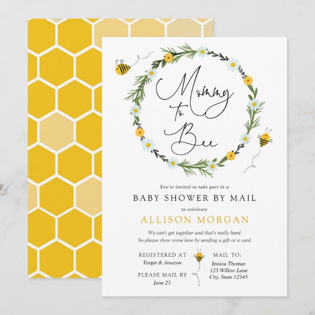 Invitation Mommy to Bee Baby shower par courriel (Devant / Derrière)