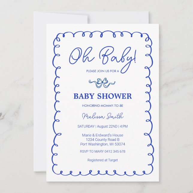Invitation Mon bébé Baby shower bleu main tiré (Devant)