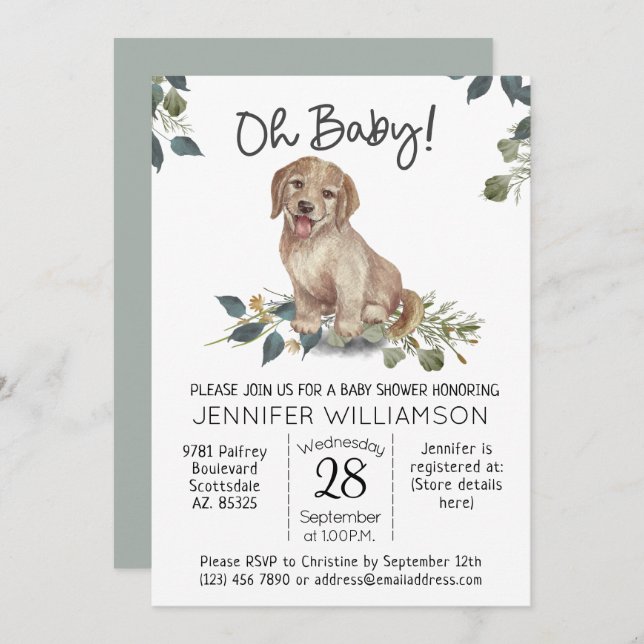 Invitation Mon bébé ! Baby shower chien mignon (Devant / Derrière)