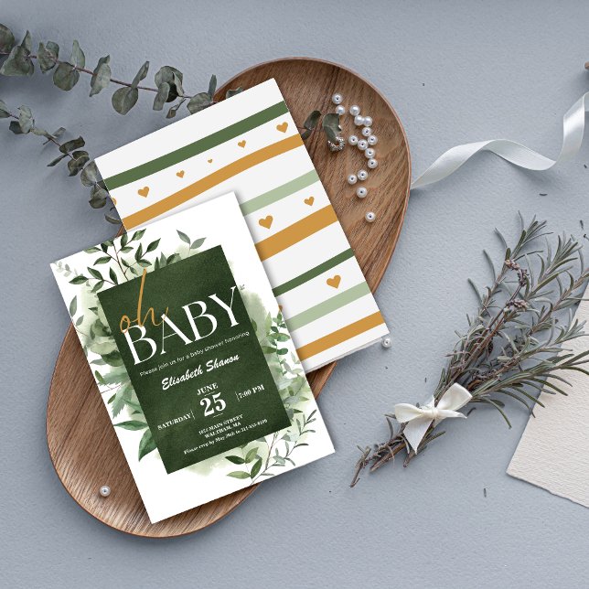 Invitation Mon bébé ! Baby shower d'aquarelle verdoyante (Oh Baby! Greenery Watercolor Baby Shower Invitation)
