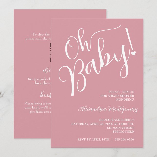 Invitation Mon bébé ! Code QR Baby shower fille rose (Devant / Derrière)