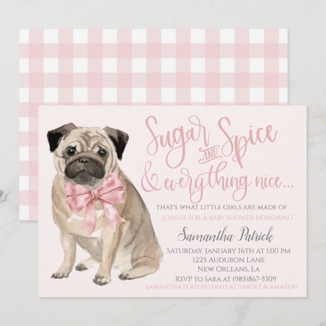 Invitation Mon bébé ! Douche Chien Rose Chien Rose Chien Rose (Devant / Derrière)