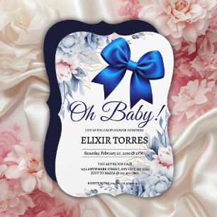 Invitation Mon bébé ! Élégant Baby shower Floral Blue Bow