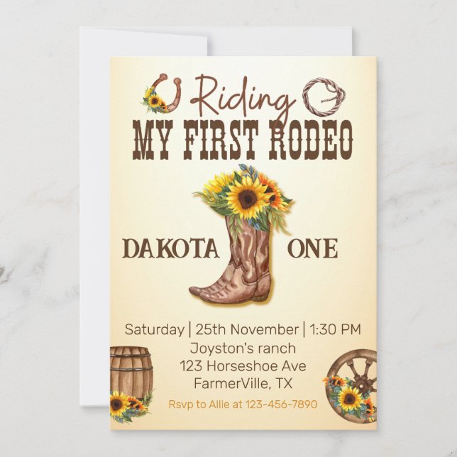 Invitation Mon premier rodéo bottes de cowboy tournesol fille (Devant)
