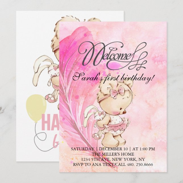 Invitation Monde rose avec plume magique, anniversaire pour f (Devant / Derrière)