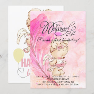 Invitation Monde rose avec plume magique, anniversaire pour l