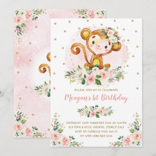 Invitation Monkey 1er anniversaire Blush Pink Floral Wilal On