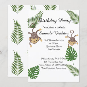 INVITATION MONKEY BOTANICAL GREEN FERN ENFANTS ANNIVERSAIRE