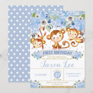 Invitation Monkey floral bleu du ęr d'anniversaire garçon