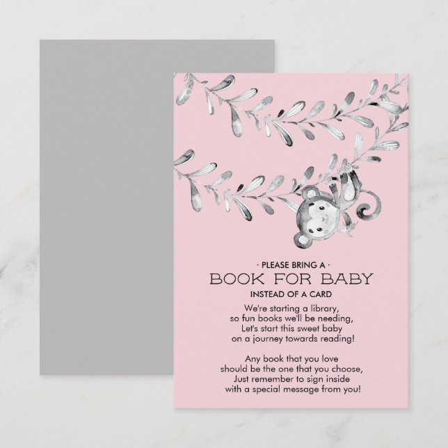 Invitation Monkey Girls Baby shower Book for Baby Card (Devant / Derrière)