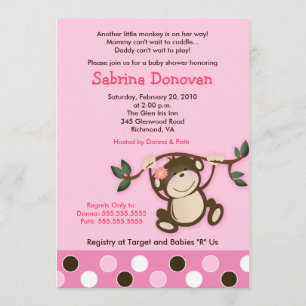 Invitation MONKEY PLAY 5x7 BABY SHOWER FILLE ROSE