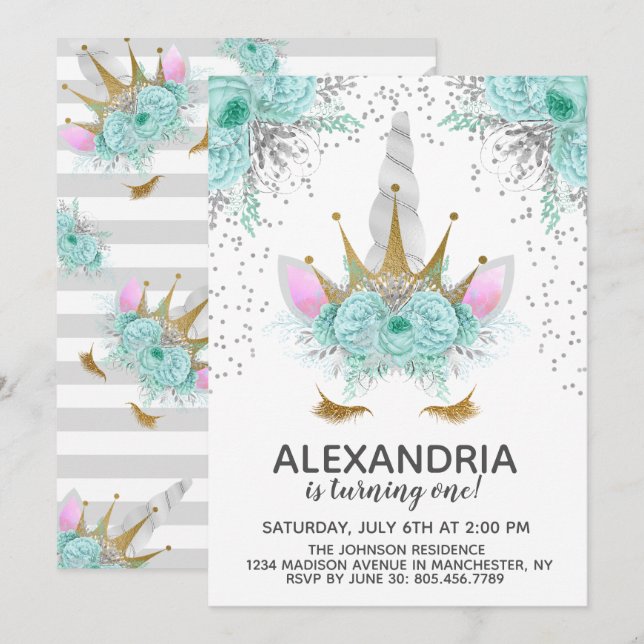 Invitation Monnaie, Argent et Or Unicorne Princesse Anniversa (Devant / Derrière)