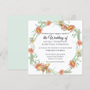 Invitation Monnaie blanche Mint Green n Coral Papillon Floral