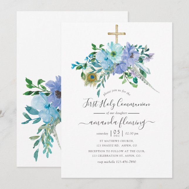 Invitation Monnaie et Aquarelle Bleue Boho Floral Sainte Comm (Devant / Derrière)