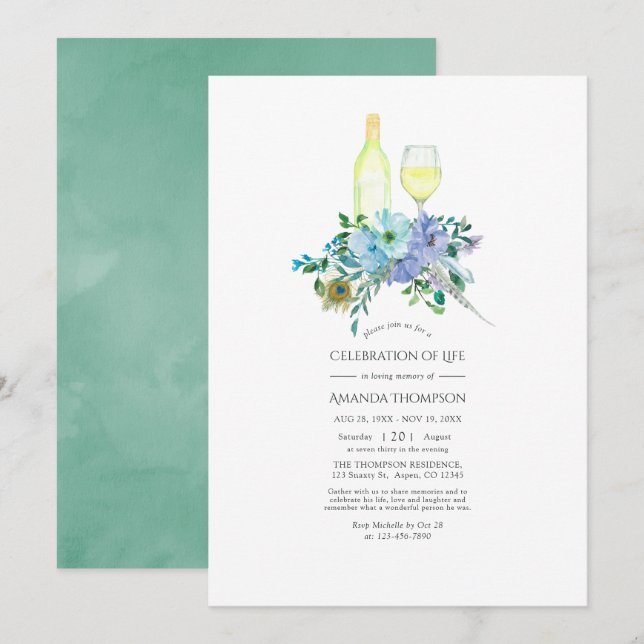 Invitation Monnaie et Boho Bleu Célébration de la vie (Devant / Derrière)