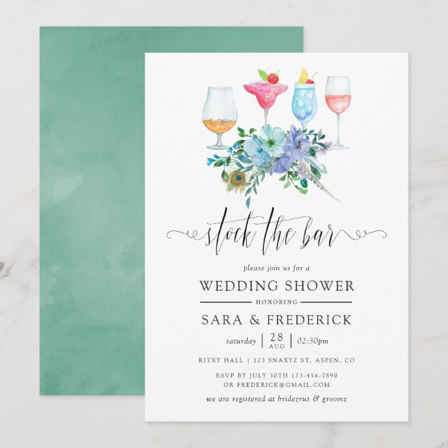 Invitation Monnaie et Boho bleu Stock Floral Bar (Devant / Derrière)
