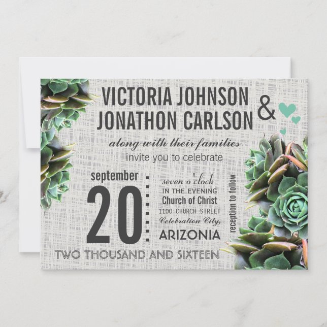 Invitation Monnaie et Burlap Succulent Mariage moderne (Devant)