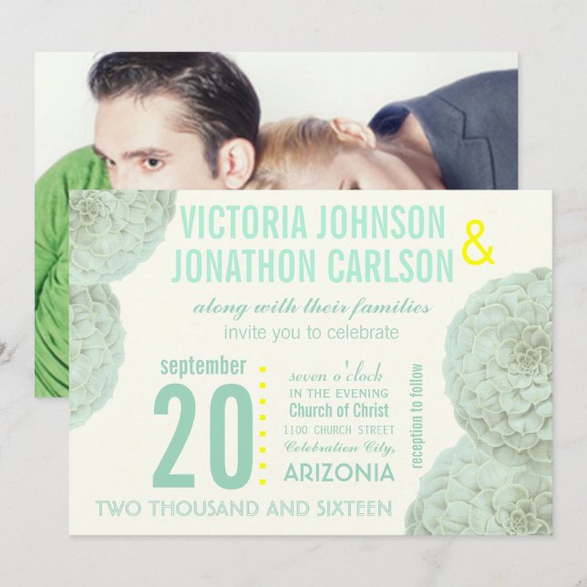 Invitation Monnaie et Jaune Succulent Mariage moderne (Devant / Derrière)