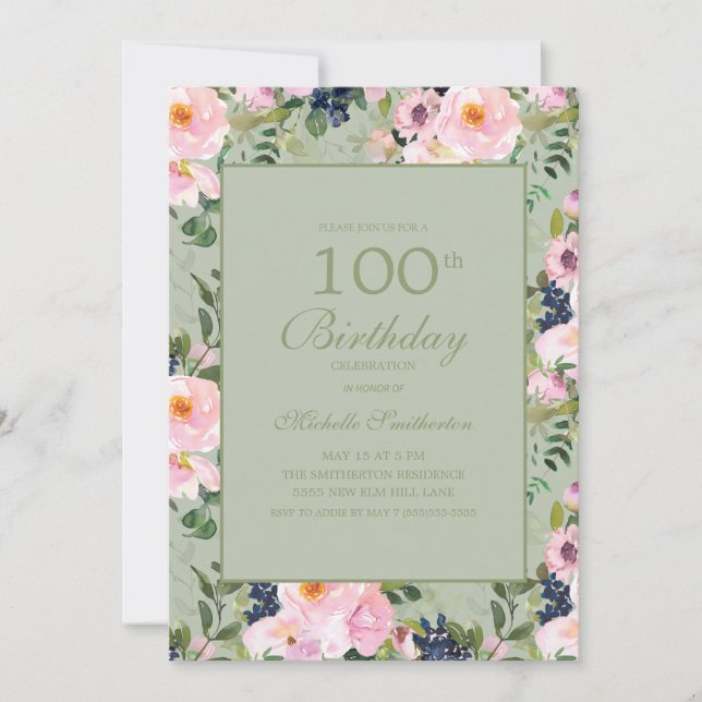 Invitation Monnaie florale rose pâle Vert 100e anniversaire (Devant)