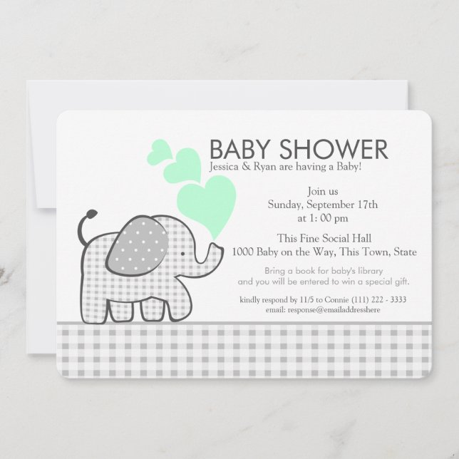 Invitation Monnaie neutre éléphant et Baby shower En vichy gr (Devant)