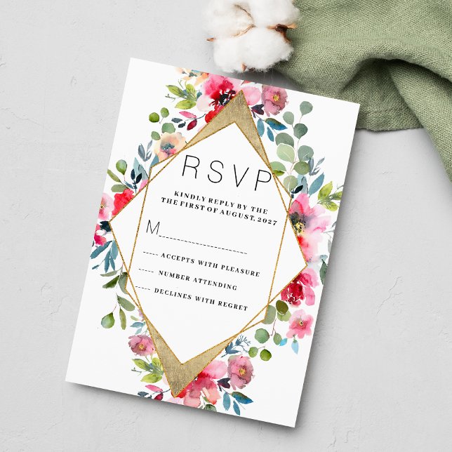 Invitation Monnaie rose géométrique rouge or floral RSVP (Geometric pink mint red gold floral RSVP )