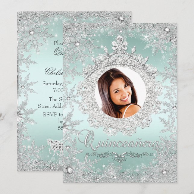 Invitation Monnaie Silver Tiara Snowflake Sparkle Quinceanera (Devant / Derrière)