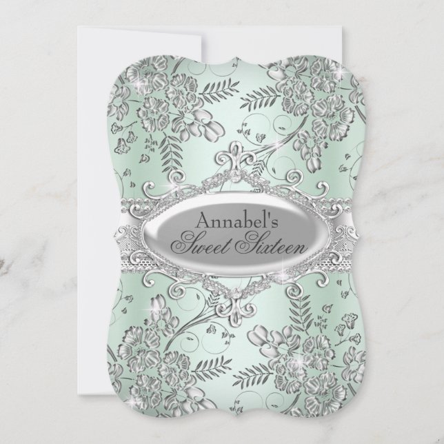 Invitation Monnaie Vert Argent Parkle Flower Sweet 16 (Devant)