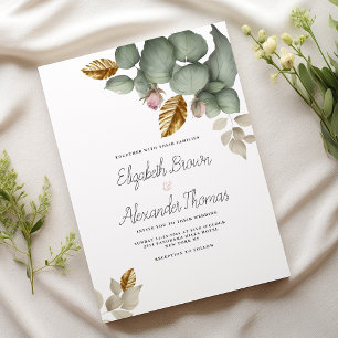 Invitation Monnaie vert rose or feuillage Mariage floral