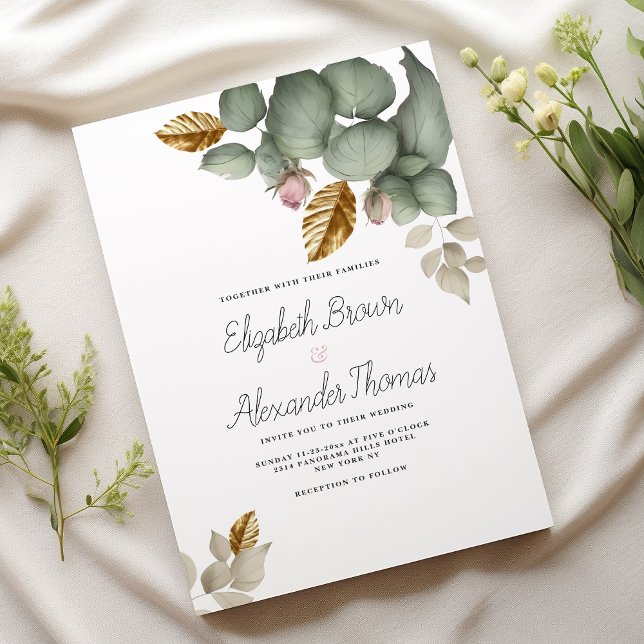 Invitation Monnaie vert rose or feuillage Mariage floral (Mint green pink gold foliage floral Wedding )