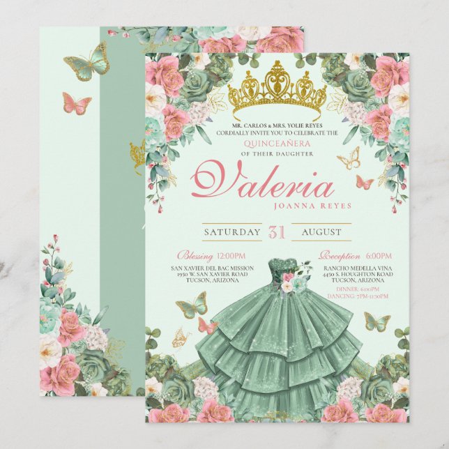 Invitation Monnaie Vert rose Roses Papillon Princesse Quince (Devant / Derrière)